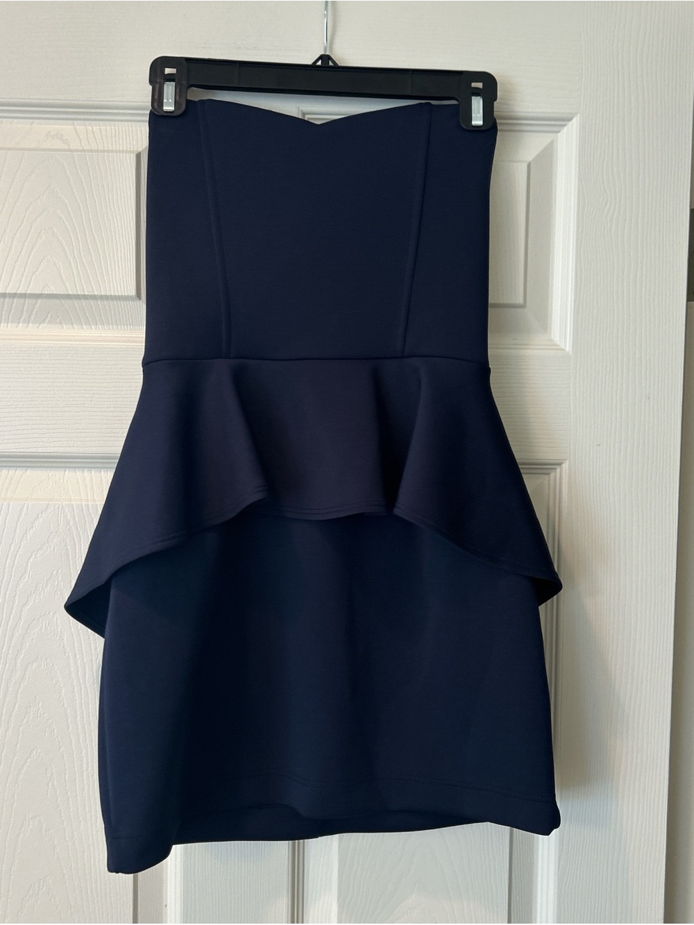Strapless Peplum Midi Dress in Navy